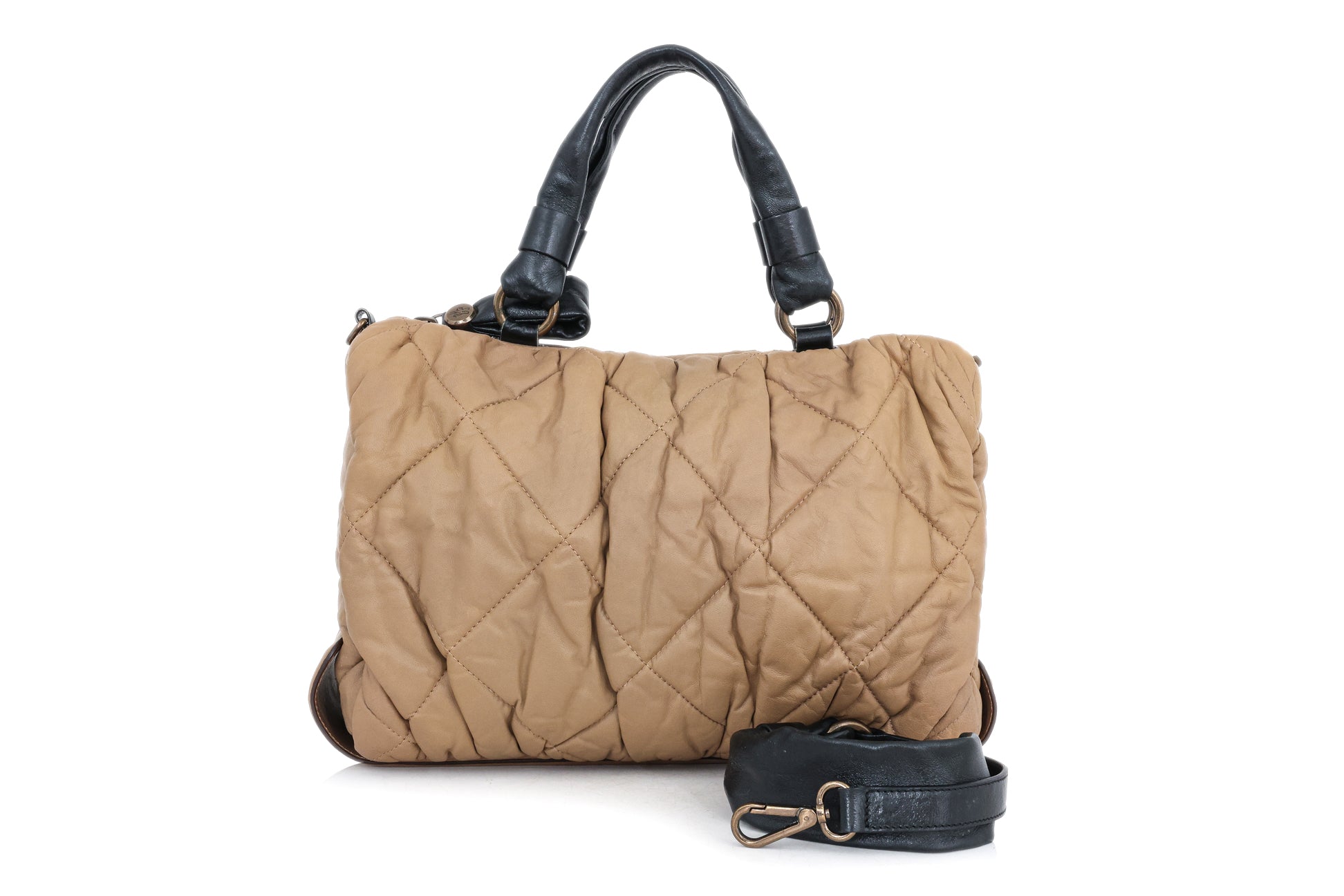 MONCLER - A BEIGE QUILTED LEATHER PUFFER HANDBAG