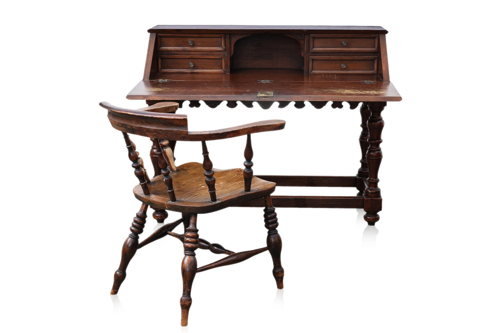 A COLONIAL DUTCH STYLE TEAK FALL FRONT DESK AND CAPTAINS CHAIR
