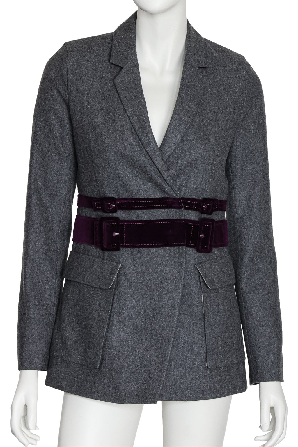 CARVEN - A GREY WOOL BLAZER WITH DOUBLE PURPLE VELVET BELTS
