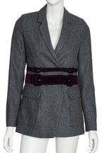 CARVEN - A GREY WOOL BLAZER WITH DOUBLE PURPLE VELVET BELTS