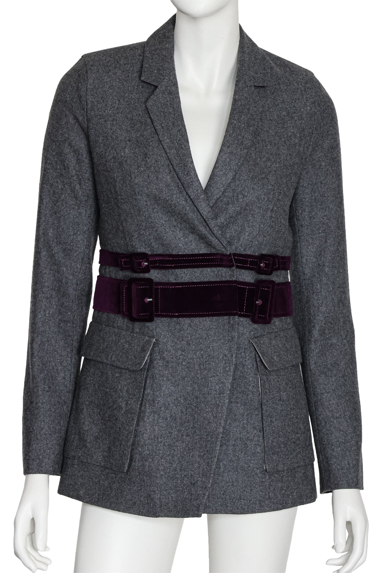CARVEN - A GREY WOOL BLAZER WITH DOUBLE PURPLE VELVET BELTS