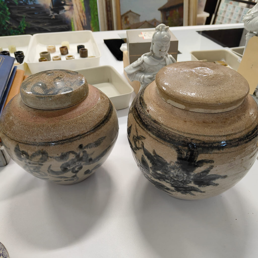 TWO BLUE AND WHITE JARS AND COVERS