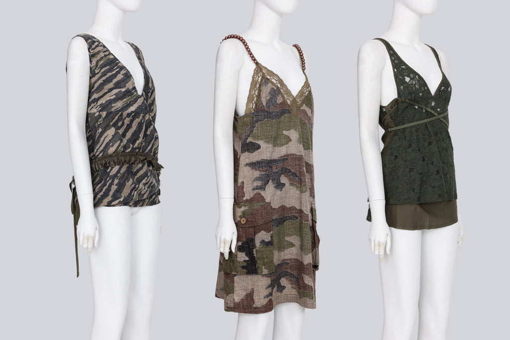JUNYA WATANABE COMME DES GARCONS - A GROUP OF THREE OLIVE AND CAMO PRINT CAMISOLES
