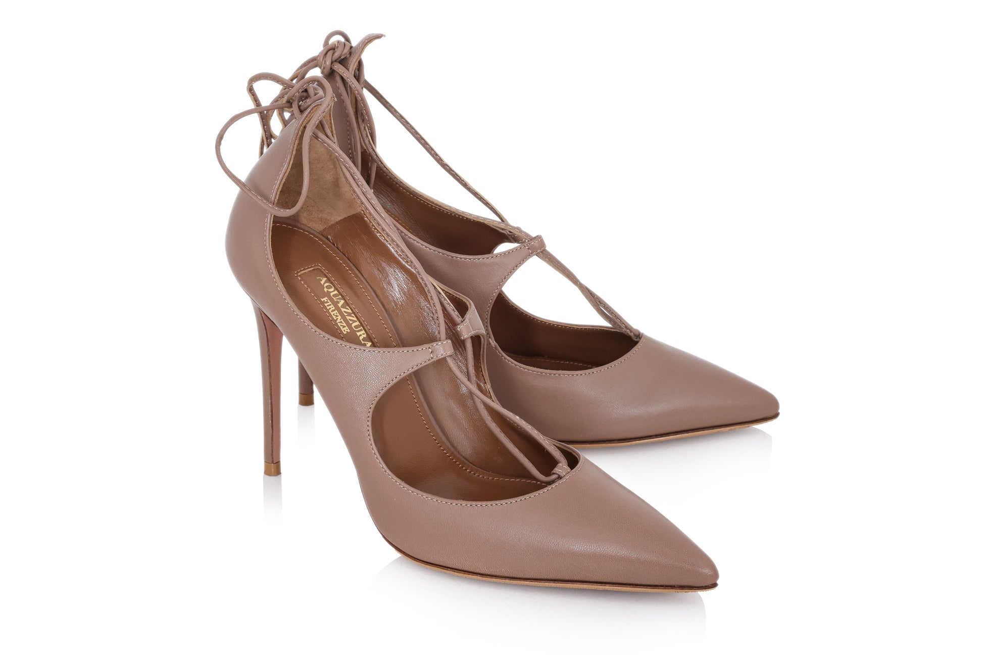 AQUAZURRA CHRISTY - A PAIR OF BROWN LEATHER LACE-UP HEELS