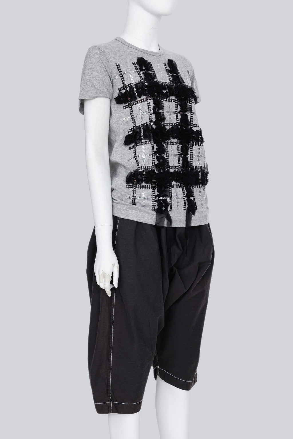 COMME DES GARCONS TRICOT - A 2011 GREY PLAID EMBROIDERED T-SHIRT AND DARK GREY CULOTTES ENSEMBLE