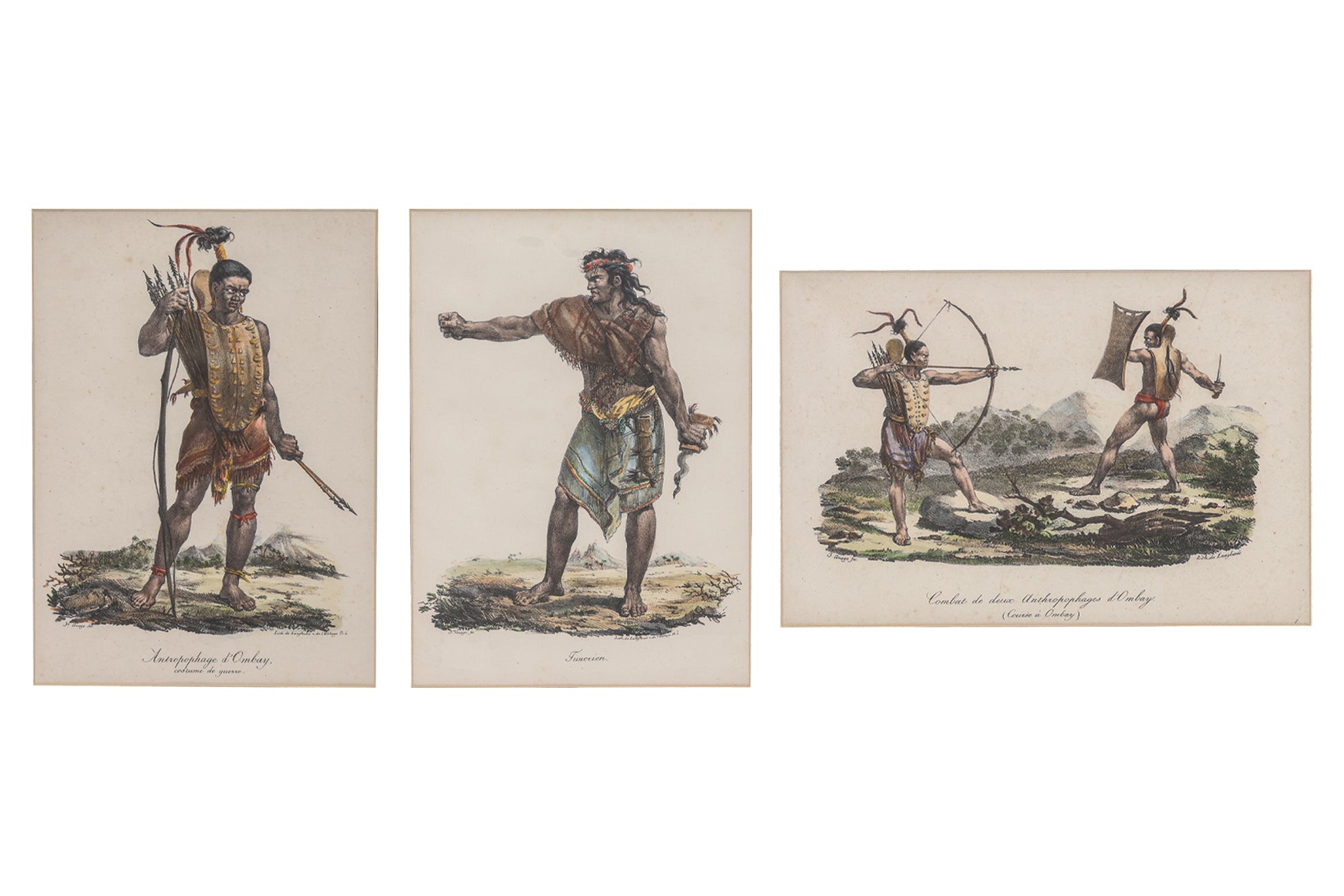 THREE HAND-COLOURED ETHNOGRAPHIC ENGRAVINGS, J ARAGO, 1842
