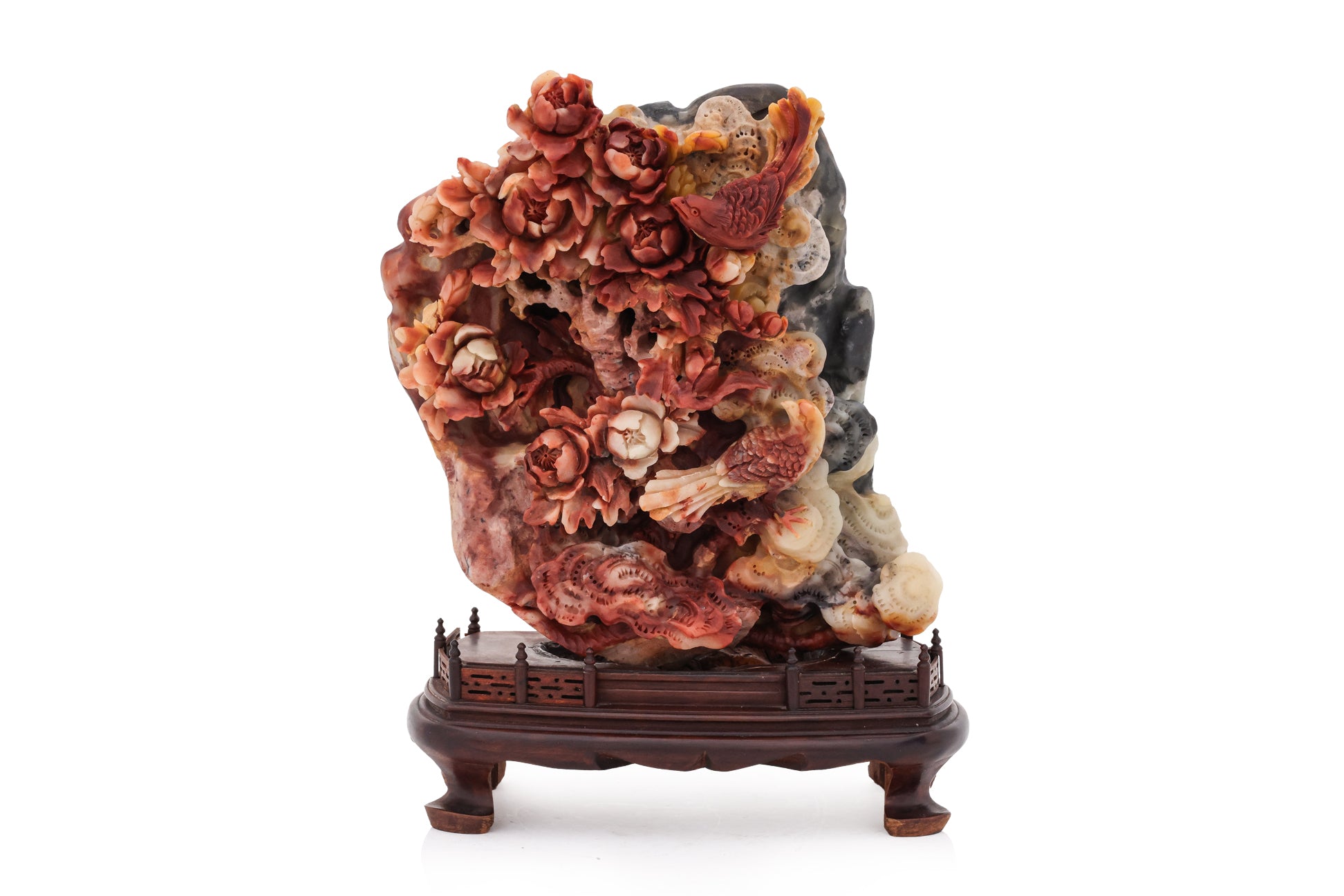 A SHOUSHAN STONE BIRD AND PEONY GROUP