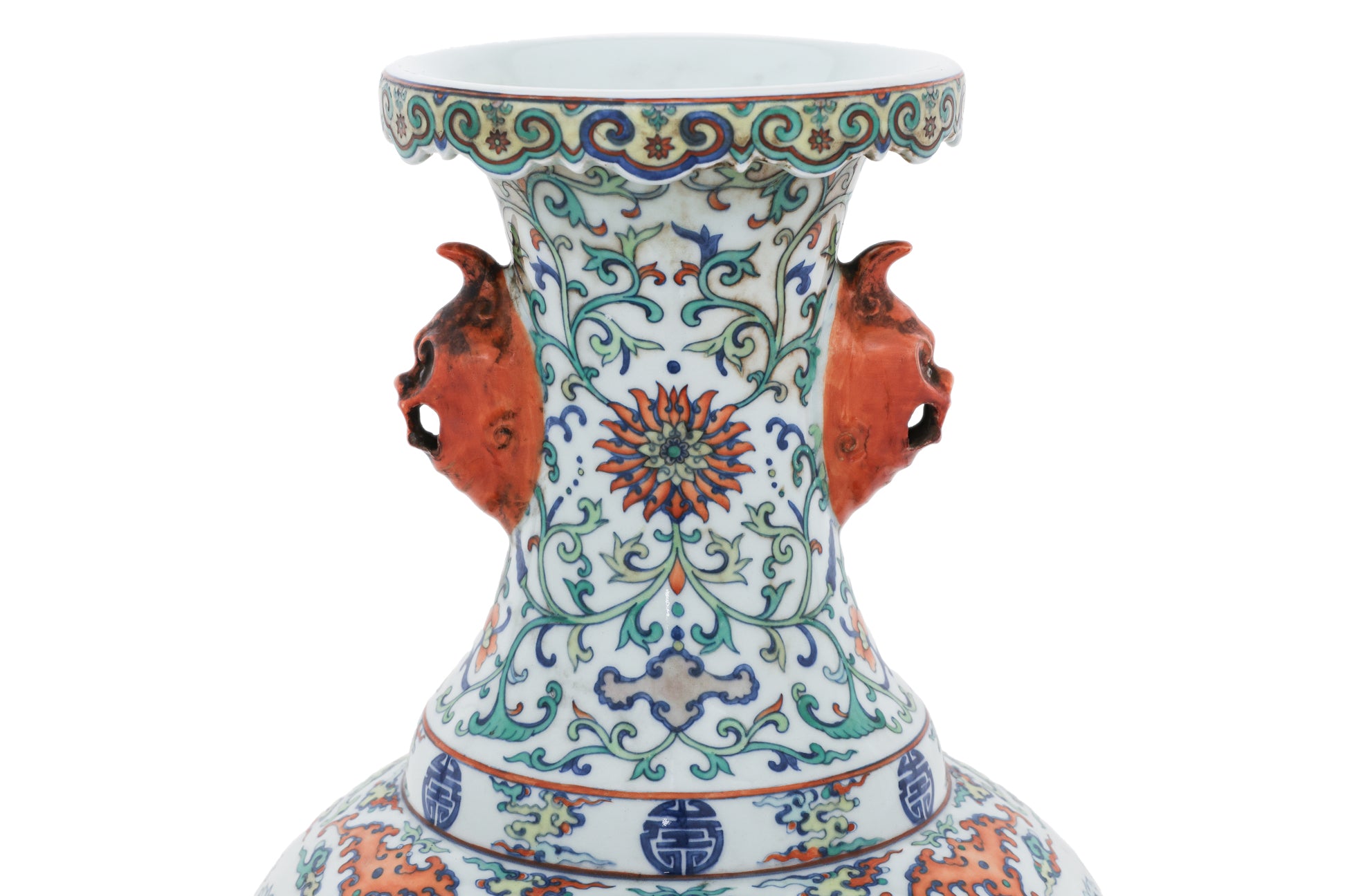 A LARGE DOUCAI VASE WITH MASK HANDLES