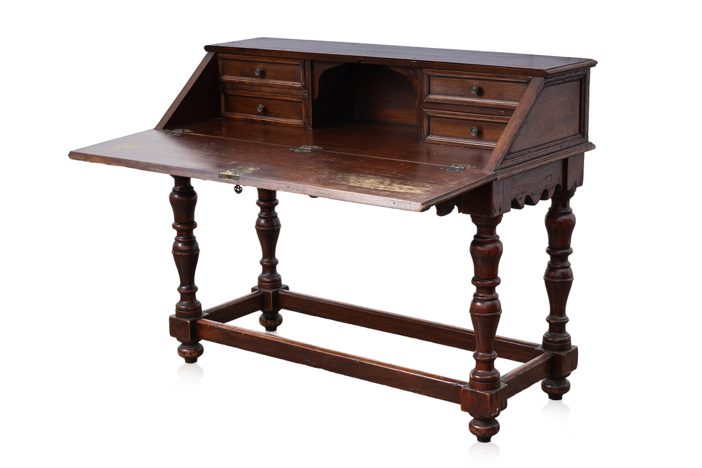 A COLONIAL DUTCH STYLE TEAK FALL FRONT DESK AND CAPTAINS CHAIR