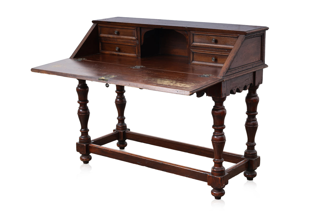 A COLONIAL DUTCH STYLE TEAK FALL FRONT DESK AND CAPTAINS CHAIR