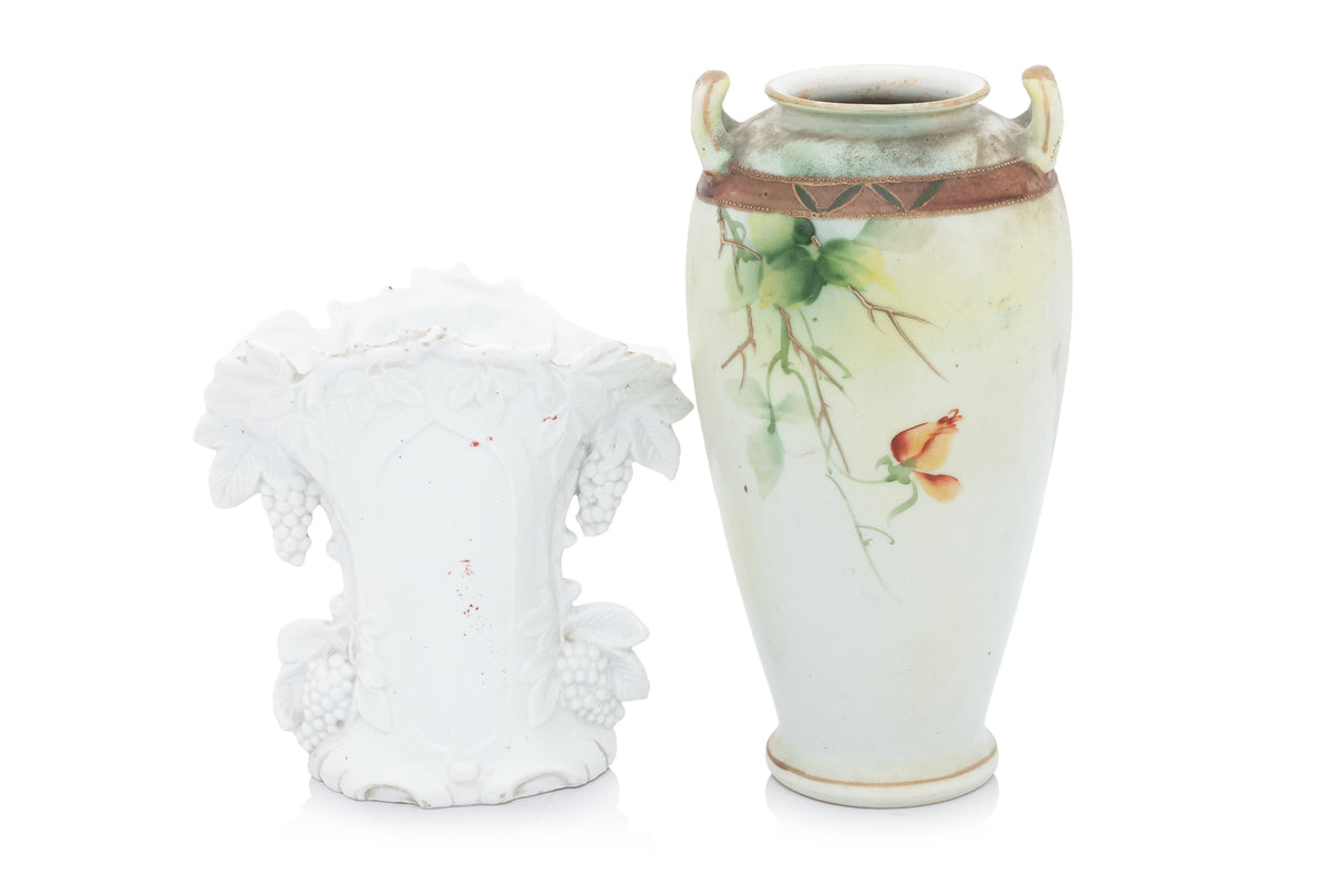 TWO PORCELAIN VASES AND A WALL POCKET