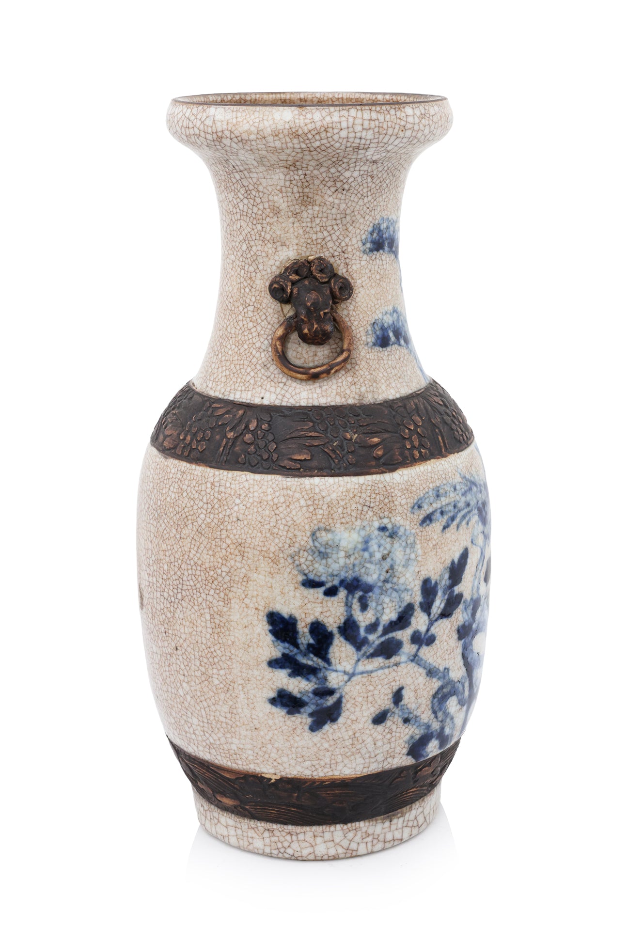 A LARGE NANKING BLUE AND WHITE BIRD AND FLOWER DECORATED VASE