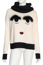ALICE + OLIVIA - A FACE MOTIF WOOL KNIT JUMPER WITH ARCTIC FOX FUR EYEBROWS