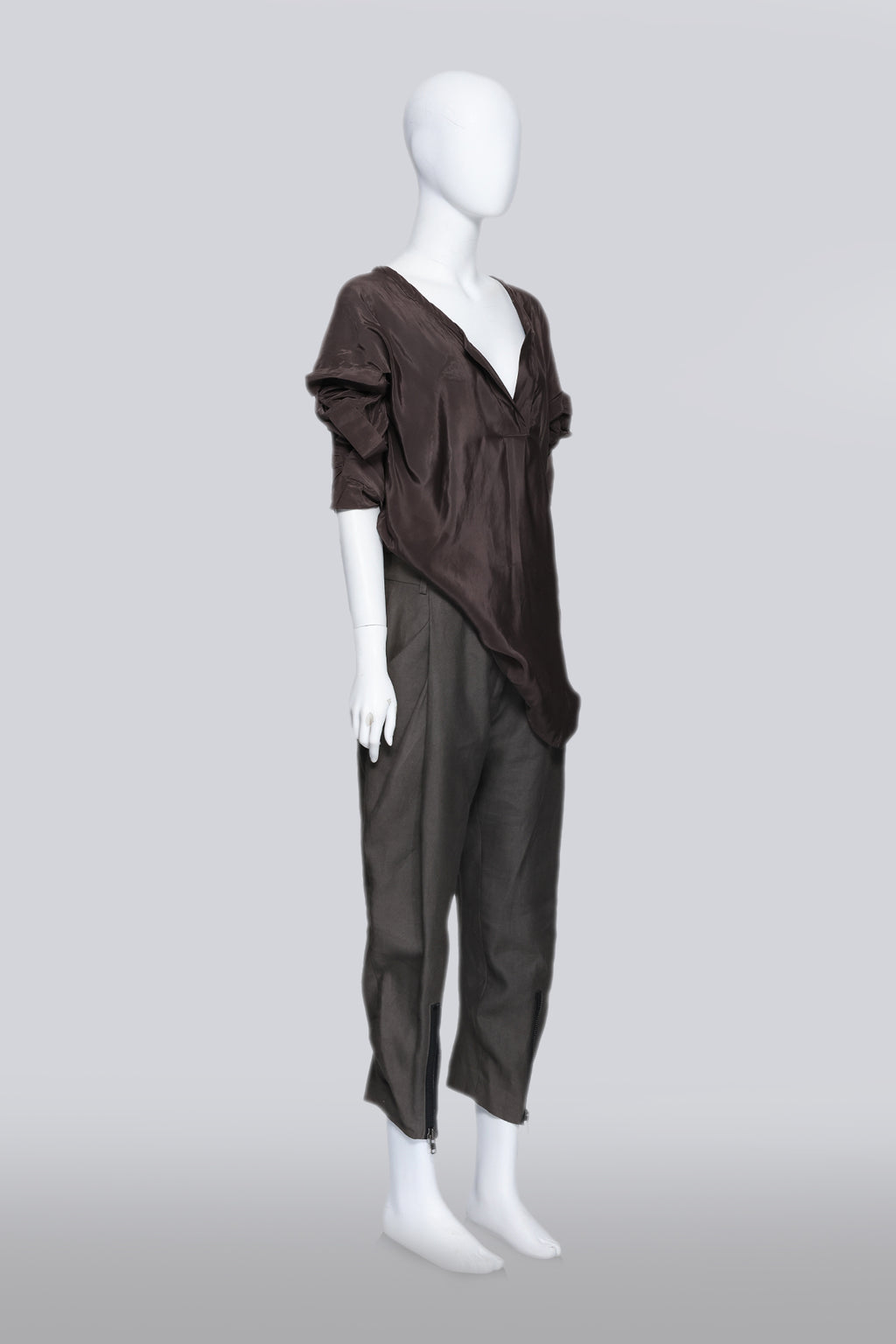 HAIDER ACKERMANN - A STONE BROWN POCKET SLEEVE BLOUSE AND TROUSER ENSEMBLE