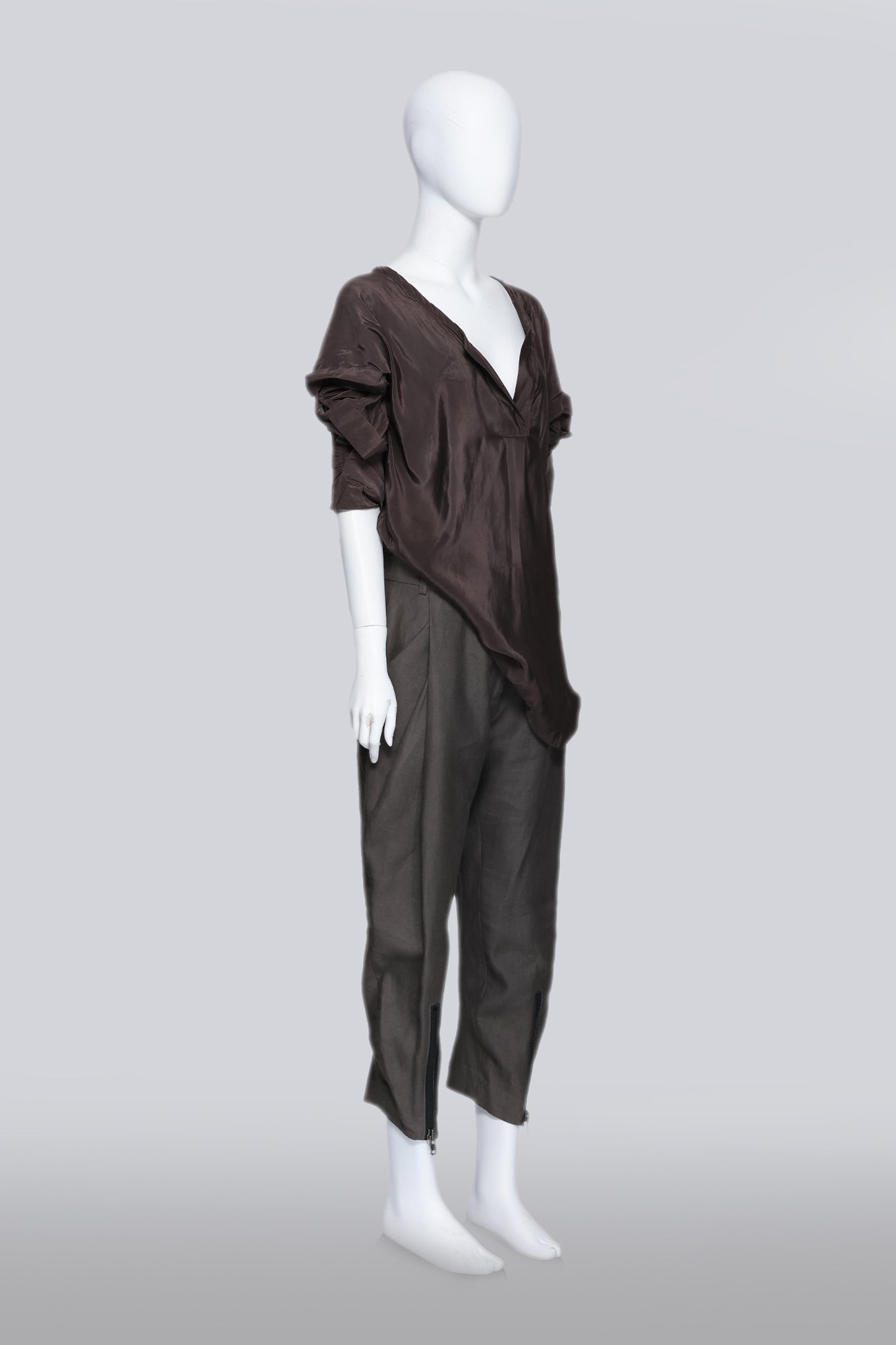 HAIDER ACKERMANN - A STONE BROWN POCKET SLEEVE BLOUSE AND TROUSER ENSEMBLE
