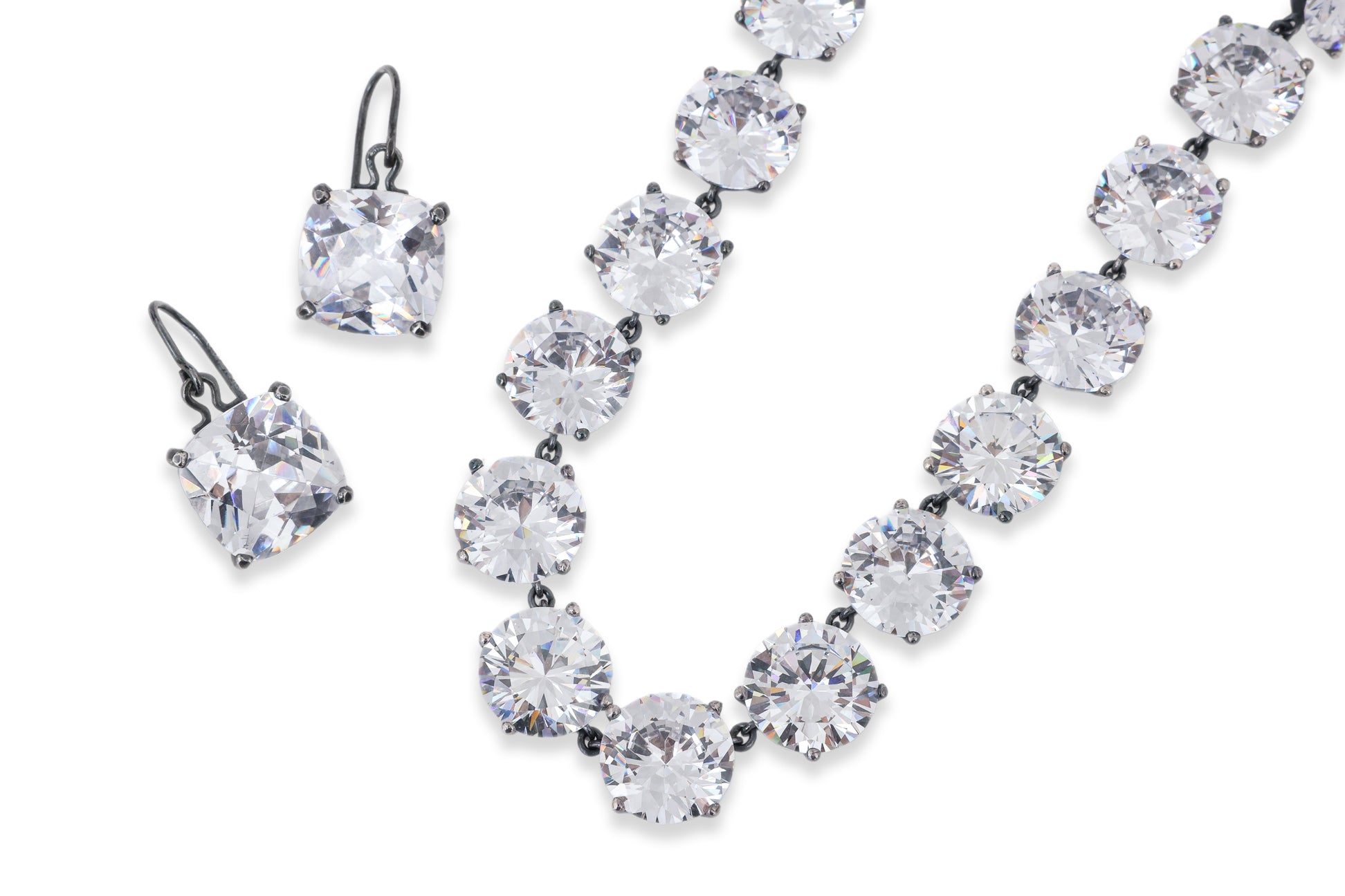 BOTTEGA VENETA - A CUBIC ZIRCONIA SET OXIDISED SILVER NECKLACE WITH MATCHED EARRINGS