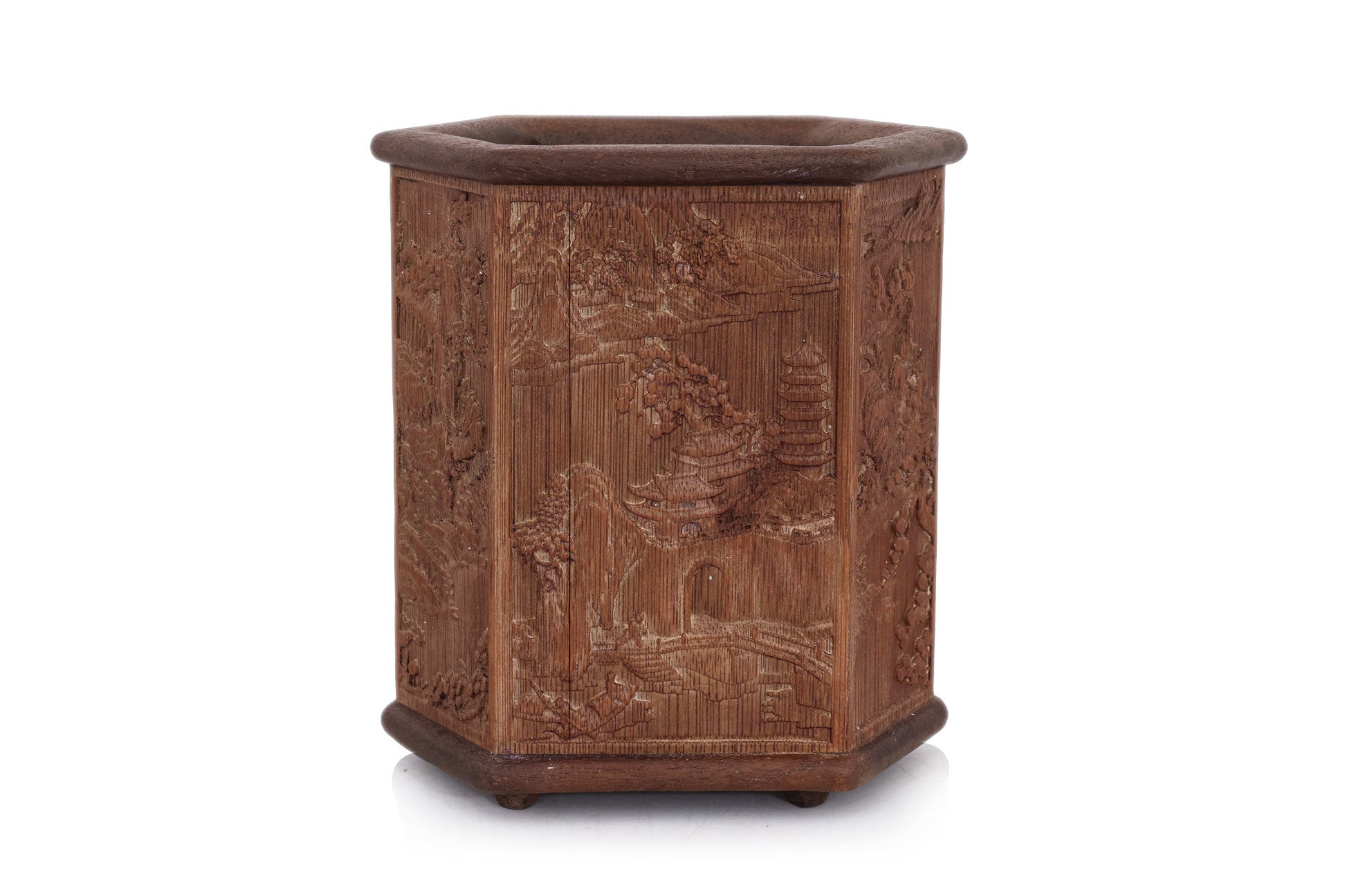 A HEXAGONAL BAMBOO AND HARDWOOD BRUSHPOT