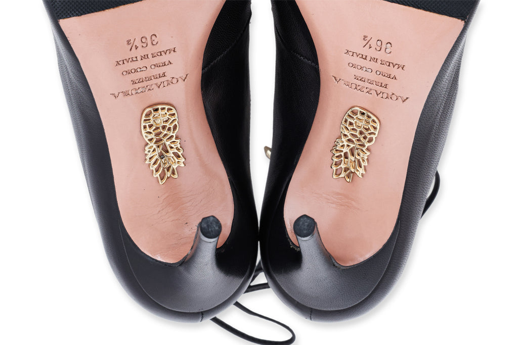 AQUAZZURA CHRISTY - A PAIR OF BLACK LEATHER LACE-UP HEEL