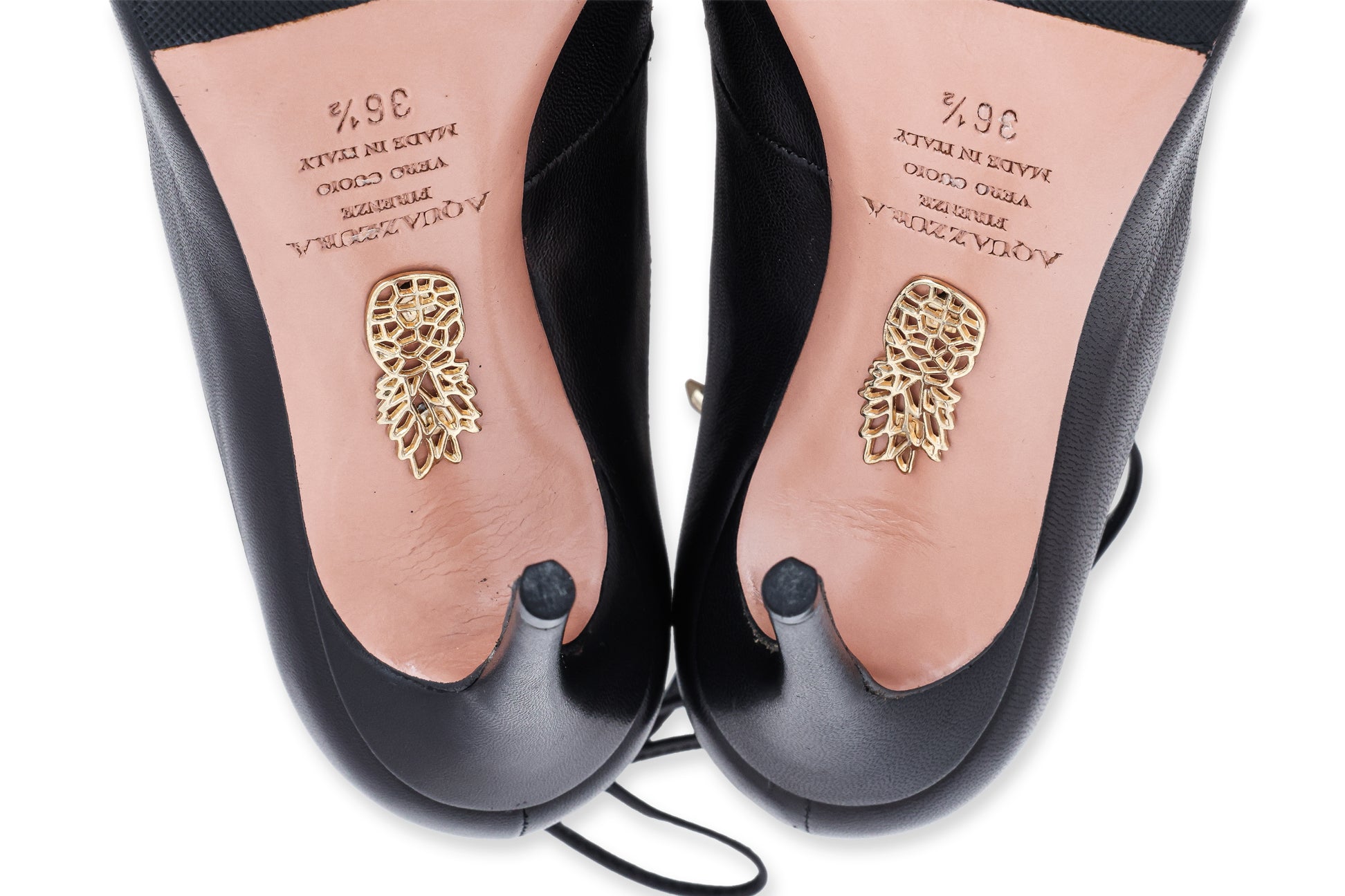 AQUAZZURA CHRISTY - A PAIR OF BLACK LEATHER LACE-UP HEEL