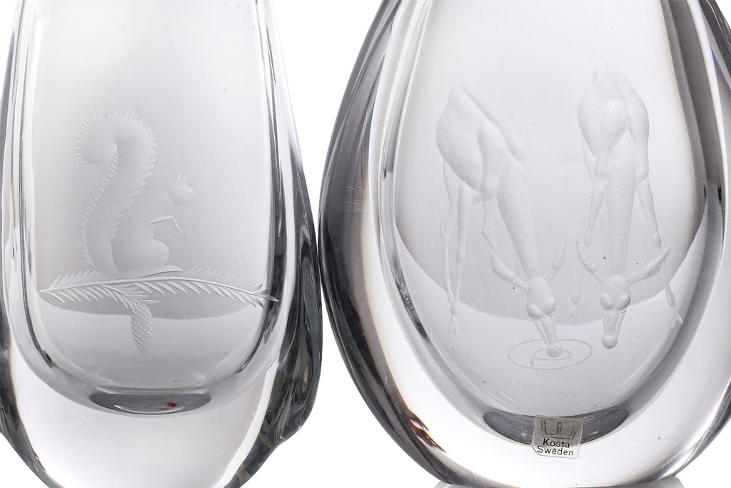TWO KOSTA ETCHED 'DEER' AND 'SQUIRREL' GLASS VASES