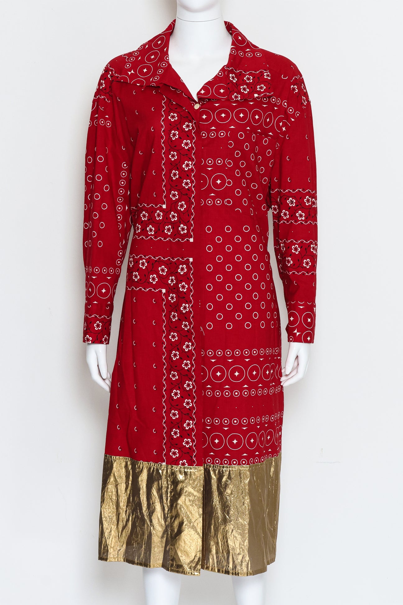 KOLOR - A RED BANDANA STYLE PRINTED DRESS WITH GOLD BOTTOM AND MULTI-ROPE BELT