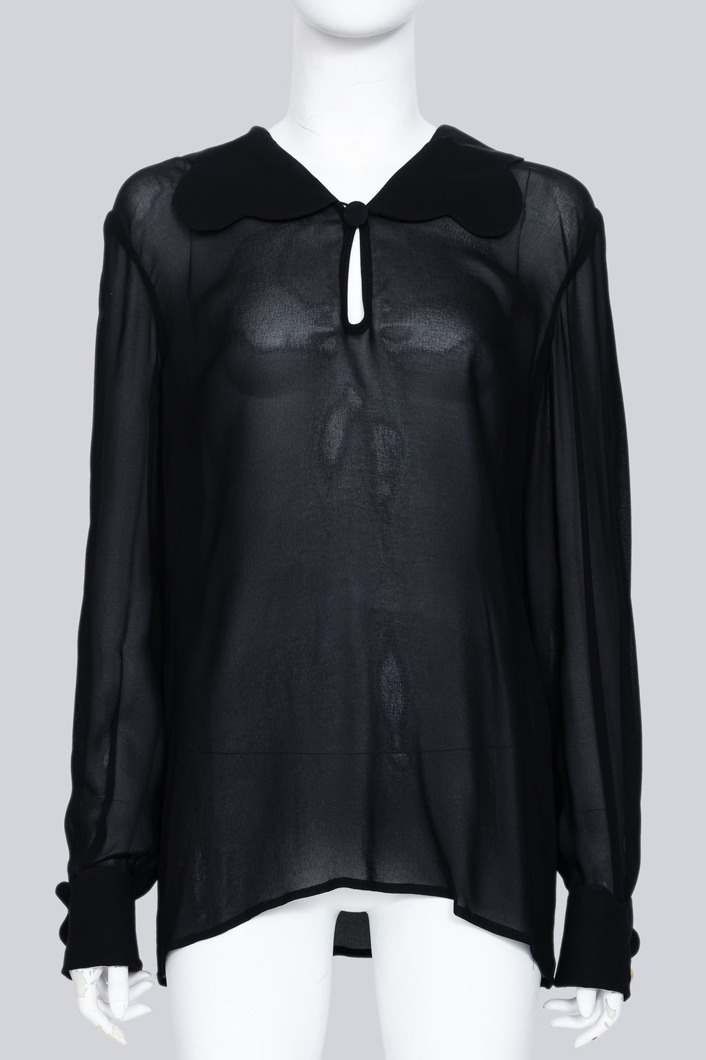 VALENTINO - A BLACK SHEER COLLARED BLOUSE WITH FAUX PEARL CUFF BUTTONS