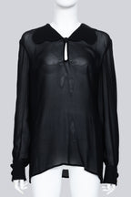VALENTINO - A BLACK SHEER COLLARED BLOUSE WITH FAUX PEARL CUFF BUTTONS