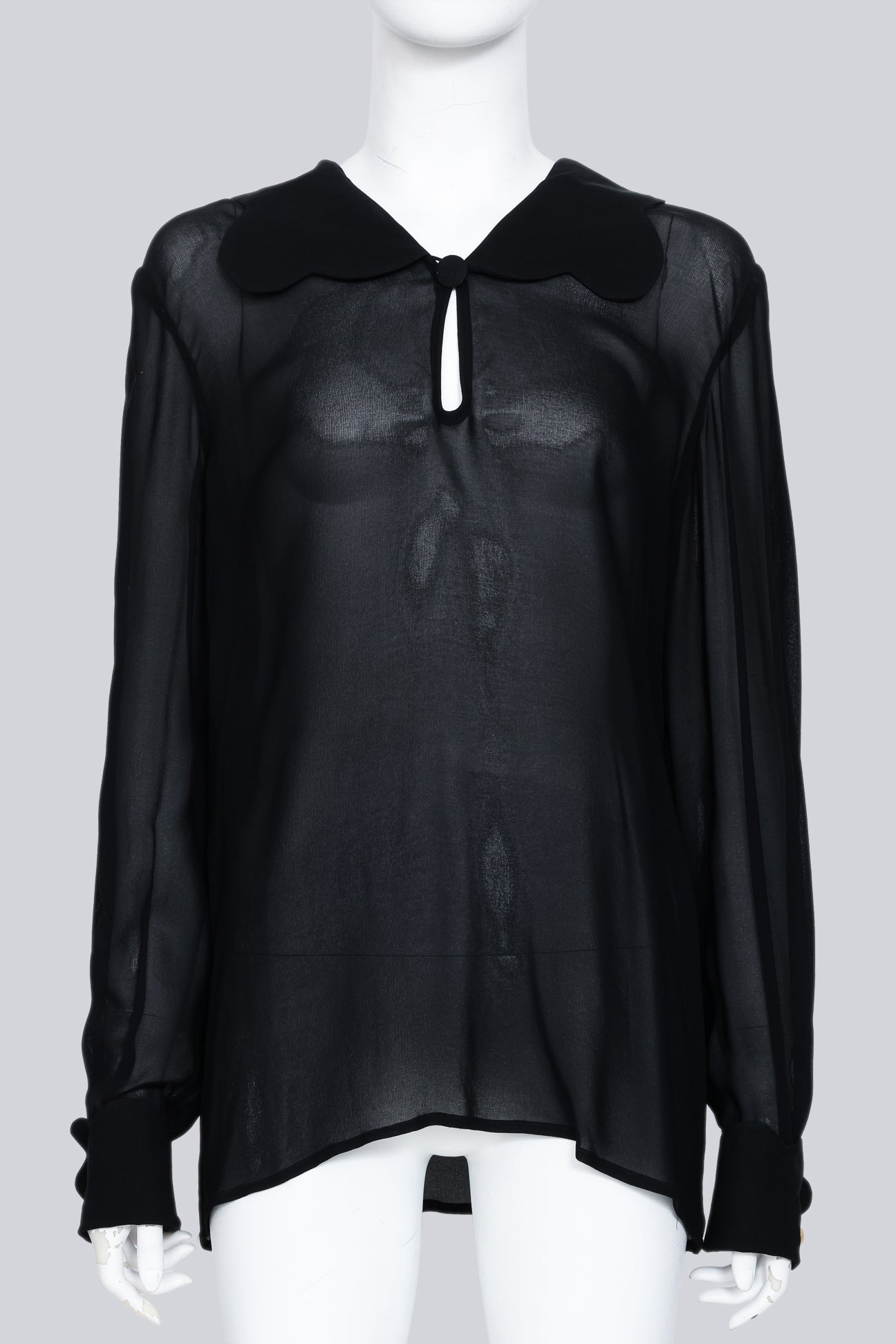 VALENTINO - A BLACK SHEER COLLARED BLOUSE WITH FAUX PEARL CUFF BUTTONS