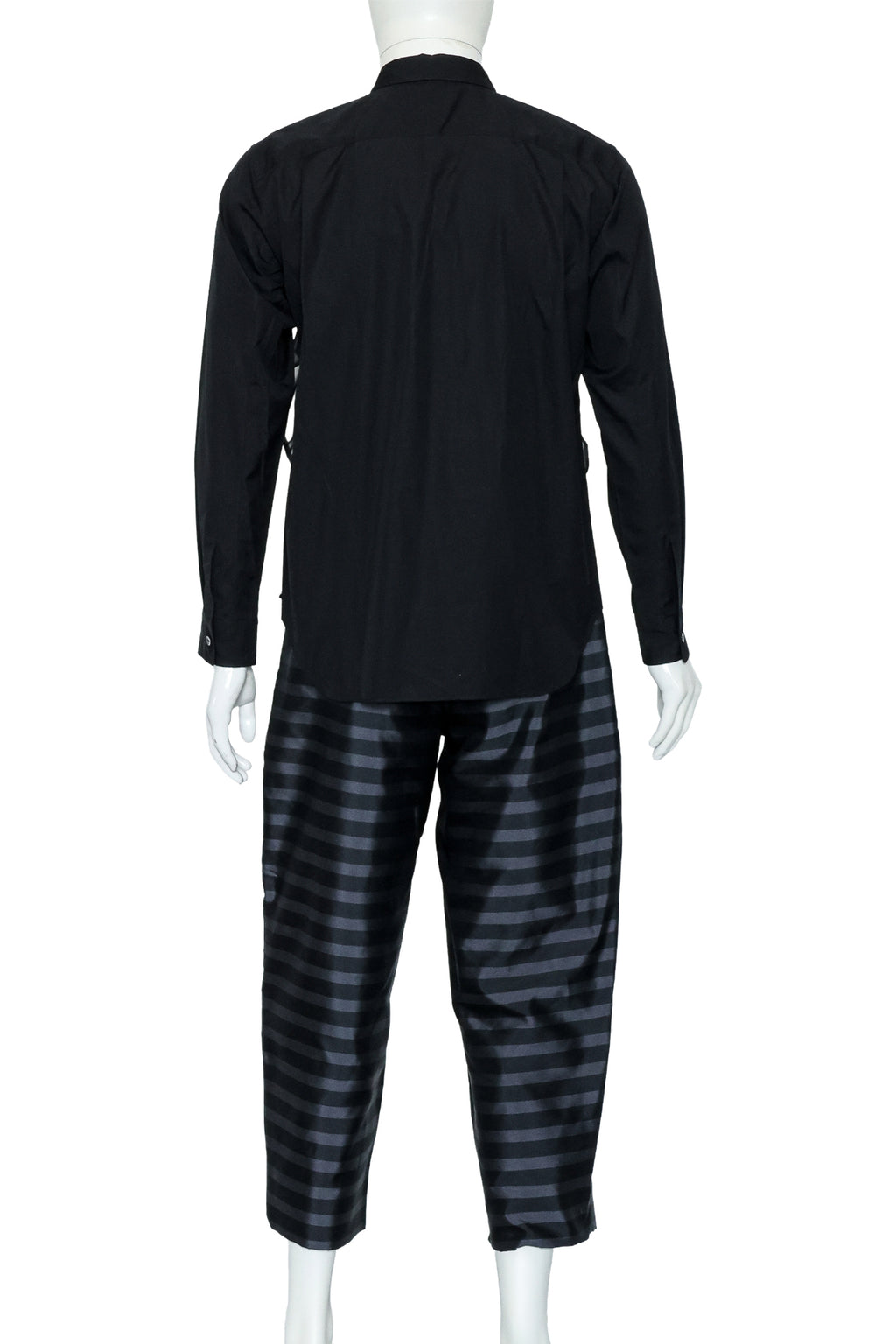 COMME DES GARCONS HOMME PLUS - A 2015 BLACK SHIRT AND GREY STRIPED TROUSERS ENSEMBLE