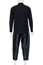 COMME DES GARCONS HOMME PLUS - A 2015 BLACK SHIRT AND GREY STRIPED TROUSERS ENSEMBLE