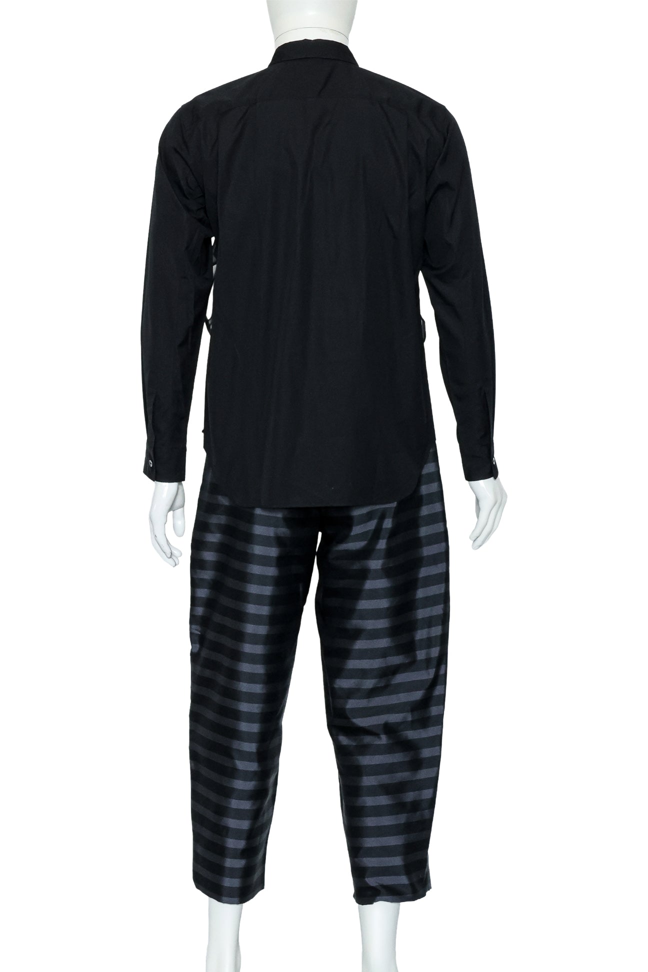COMME DES GARCONS HOMME PLUS - A 2015 BLACK SHIRT AND GREY STRIPED TROUSERS ENSEMBLE