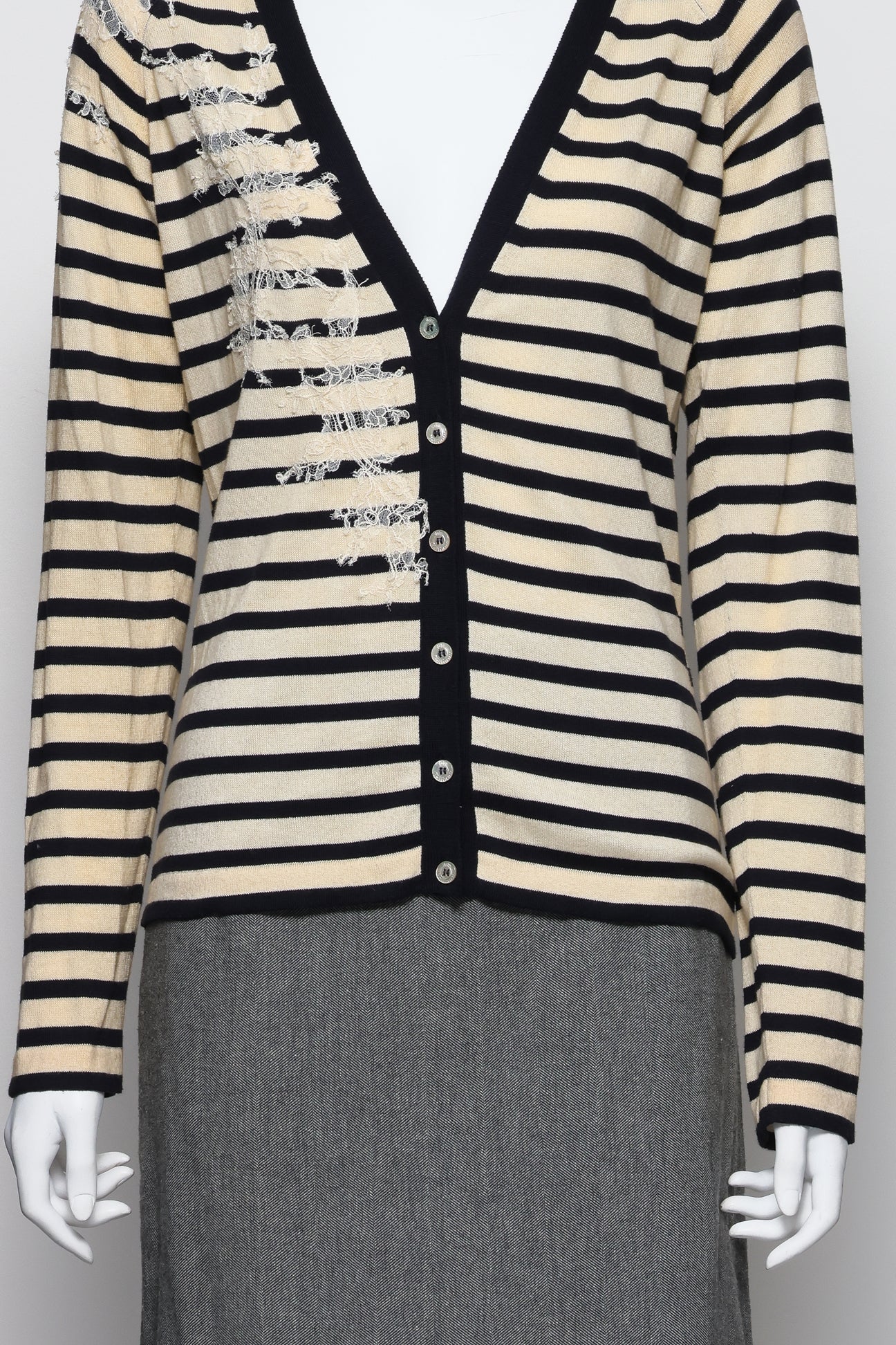 JOHN GALLIANO - A STRIPED CARDIGAN AND GREY SKIRT ENSEMBLE