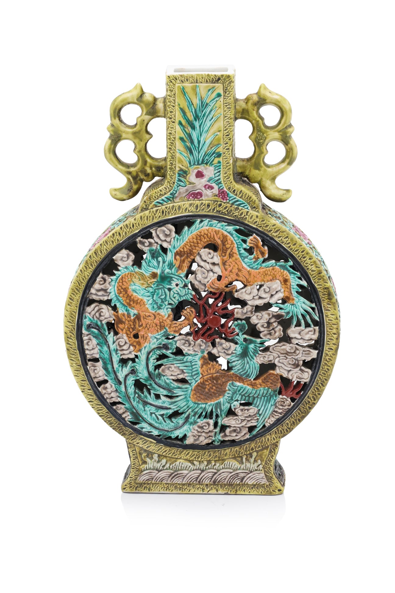 AN OPENWORK DRAGON AND PHOENIX BISCUIT PORCELAIN MOON FLASK
