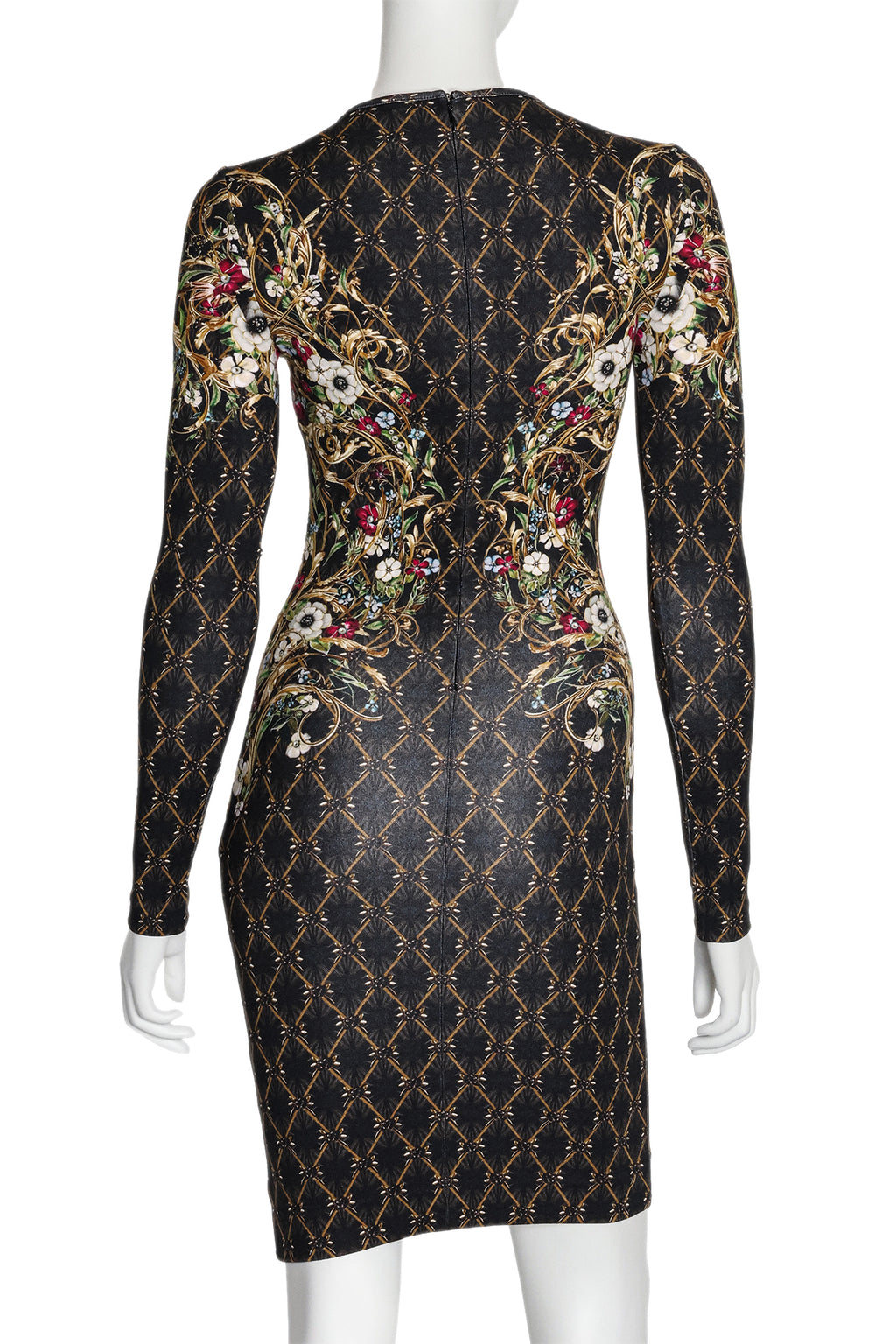 ALEXANDER MCQUEEN - A MIRRORED BAROQUE FLORAL PRINT LONG SLEEVE DRESS