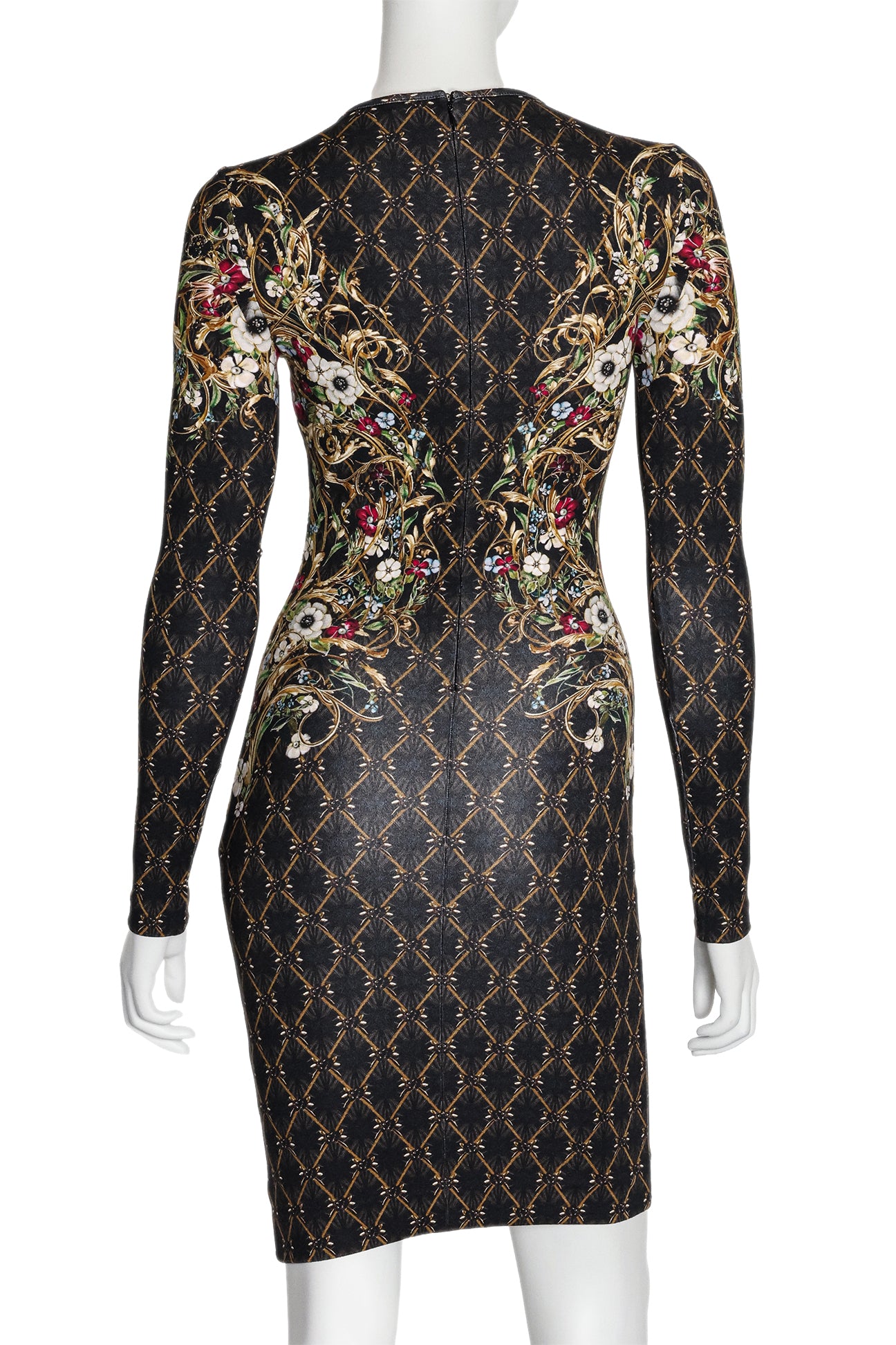 ALEXANDER MCQUEEN - A MIRRORED BAROQUE FLORAL PRINT LONG SLEEVE DRESS