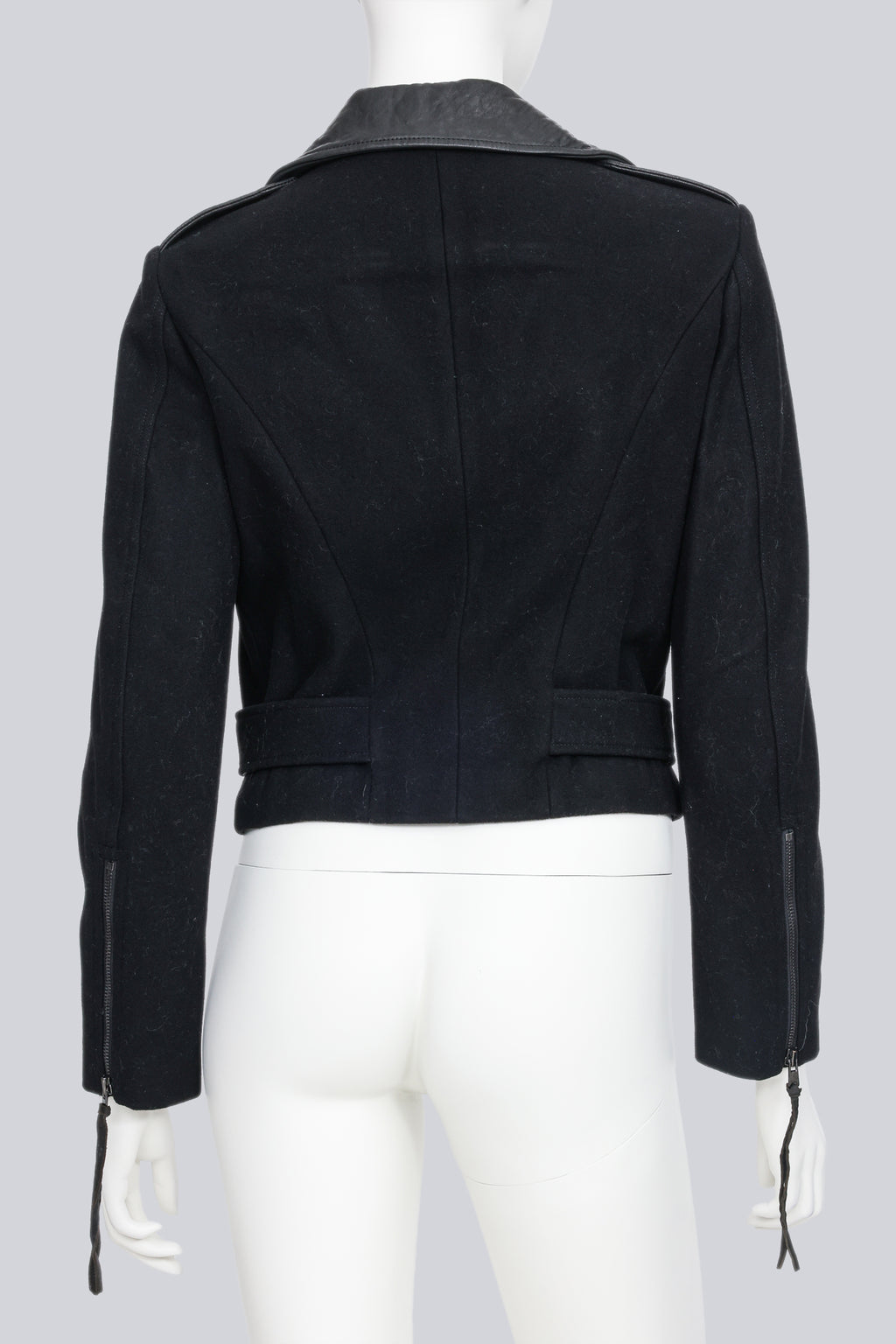 A BLACK WOOL AND LEATHER BIKER JACKET