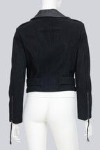 A BLACK WOOL AND LEATHER BIKER JACKET