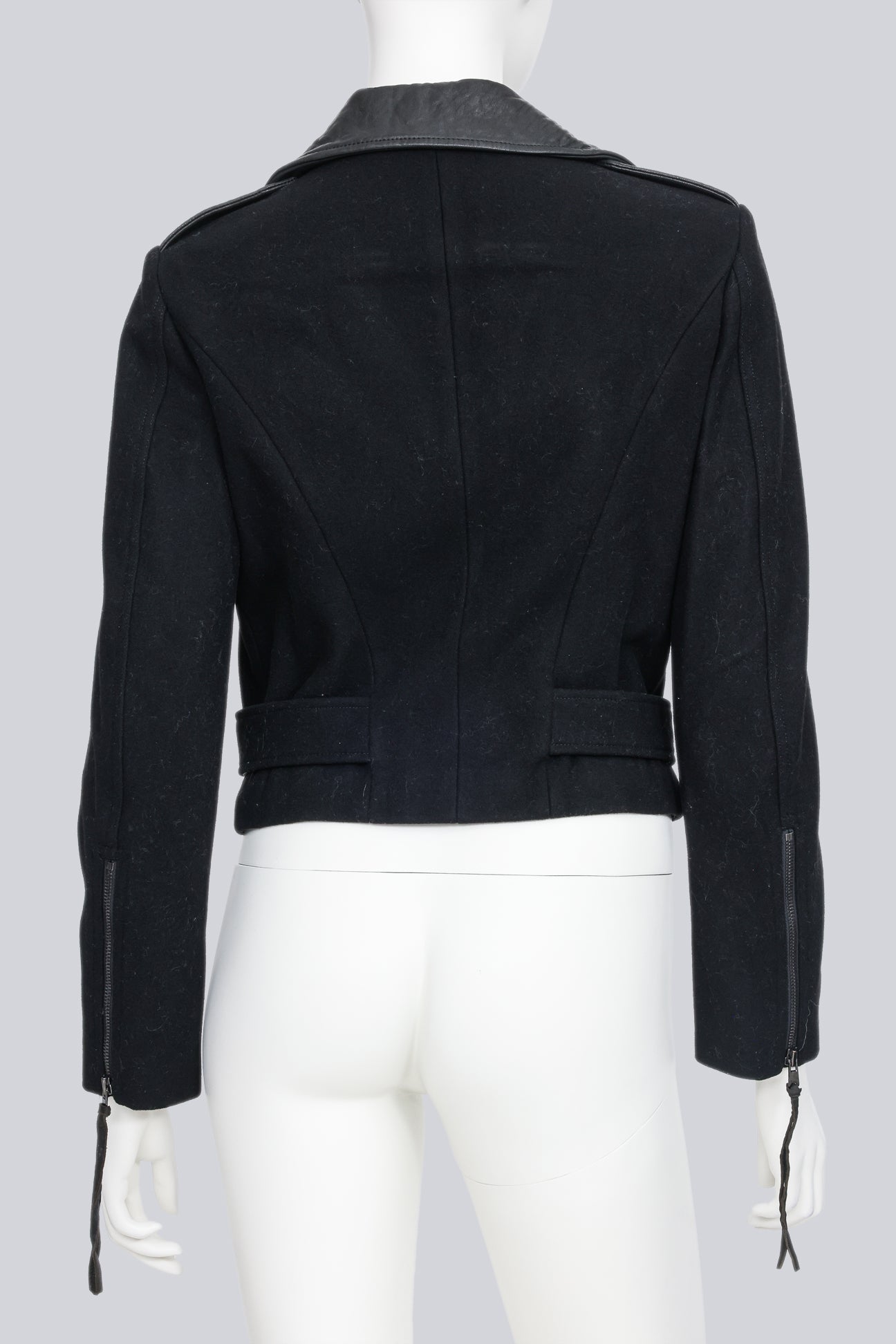 A BLACK WOOL AND LEATHER BIKER JACKET