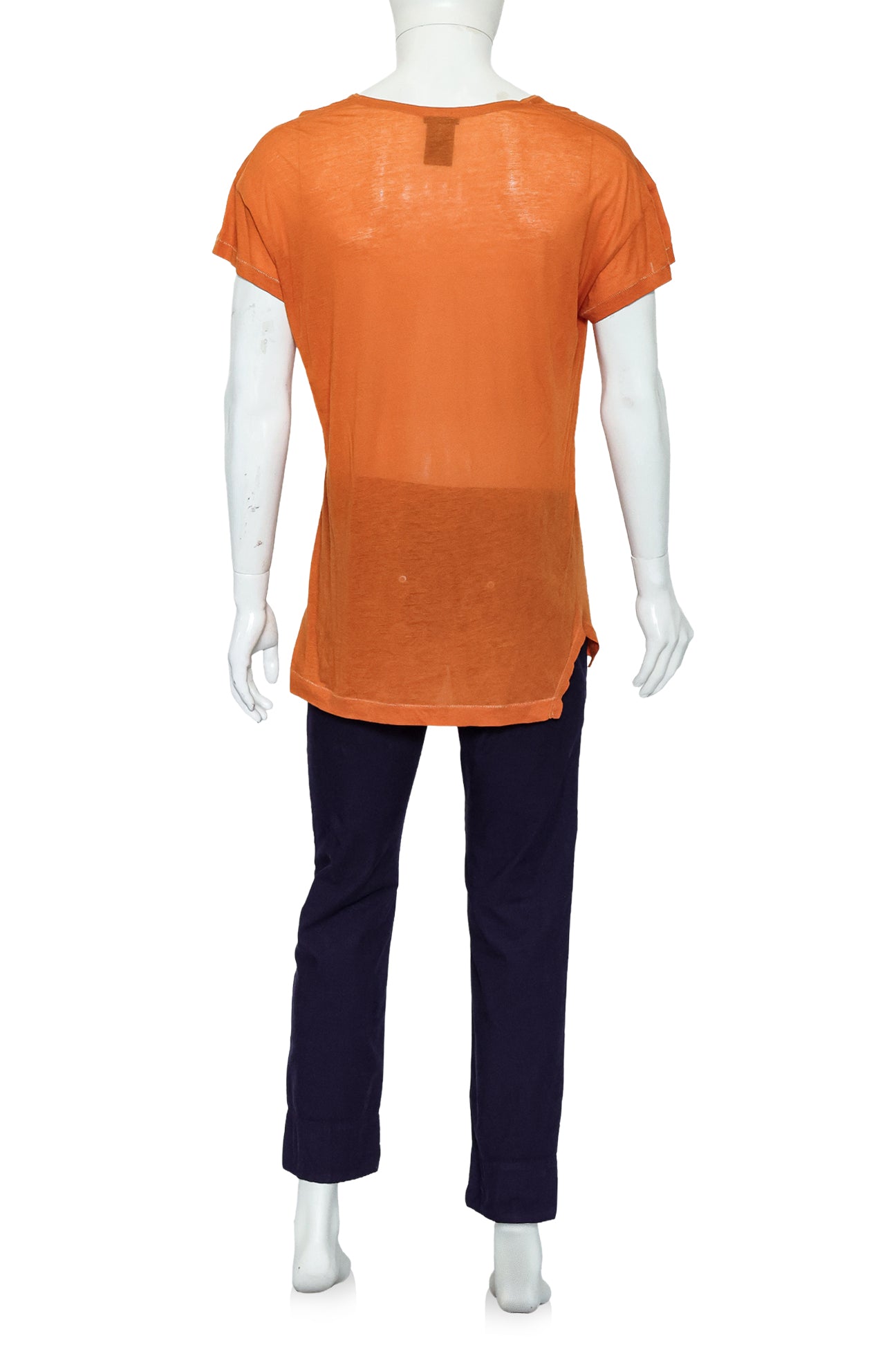ANN DEMEULEMEESTER - AN ORANGE TOP AND PURPLE TROUSERS ENSEMBLE