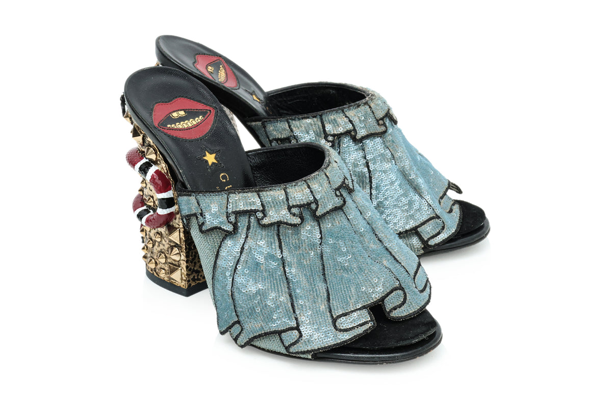 GUCCI - A PAIR OF BLUE SEQUIN RUFFLE TROMPE L'OEIL MULES