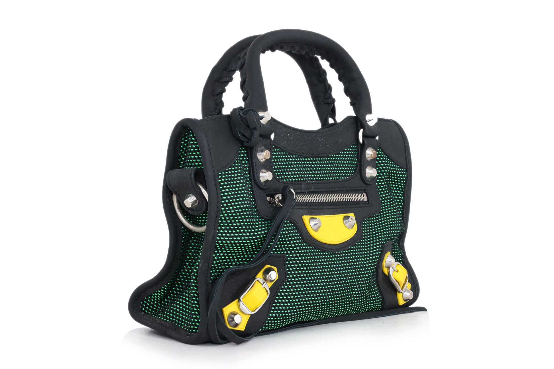 BALENCIAGA - A GREEN CANVAS & BLACK LEATHER MINI 'CITY'  BAG