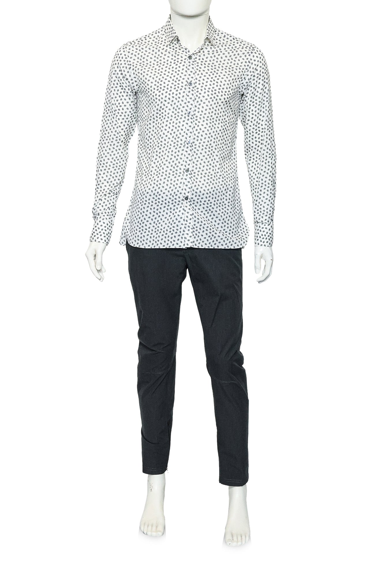 LANVIN - A WHITE AND GREY PATTERNED LONG SLEEVE SHIRT AND TROUSERS ENSEMBLE