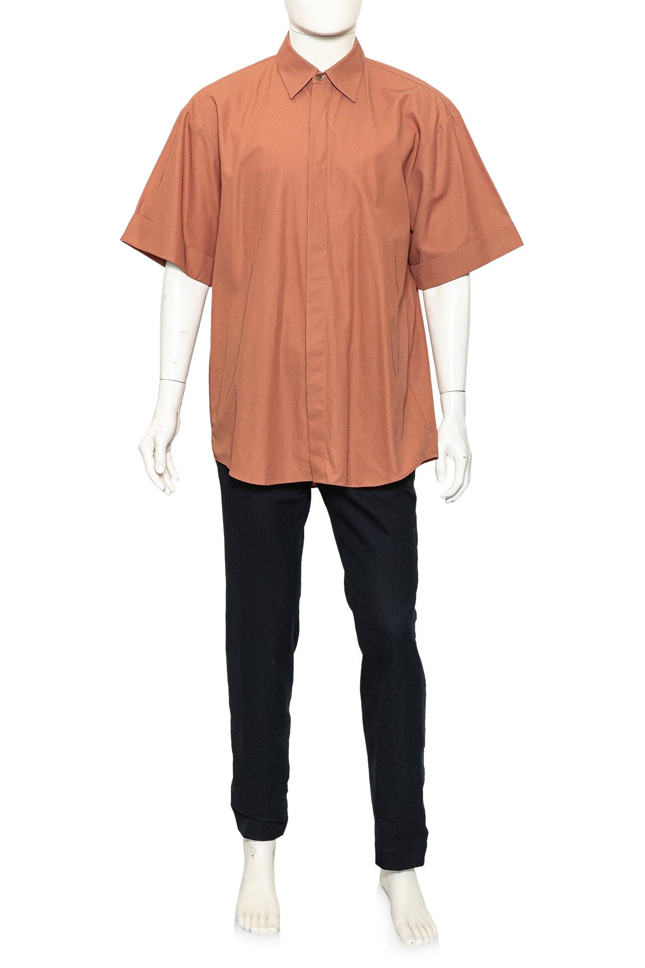 DRIES VAN NOTEN - A BEIGE BUTTON-UP SHIRT AND NAVY TROUSERS ENSEMBLE