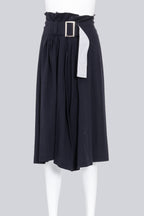 Y'S YOHJI YAMAMOTO - A NAVY COTTON MIDI SKIRT WITH A BELT CINCHED WAISTLINE