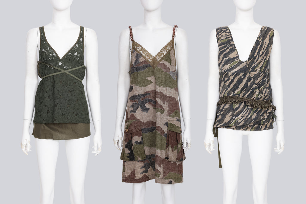 JUNYA WATANABE COMME DES GARCONS - A GROUP OF THREE OLIVE AND CAMO PRINT CAMISOLES