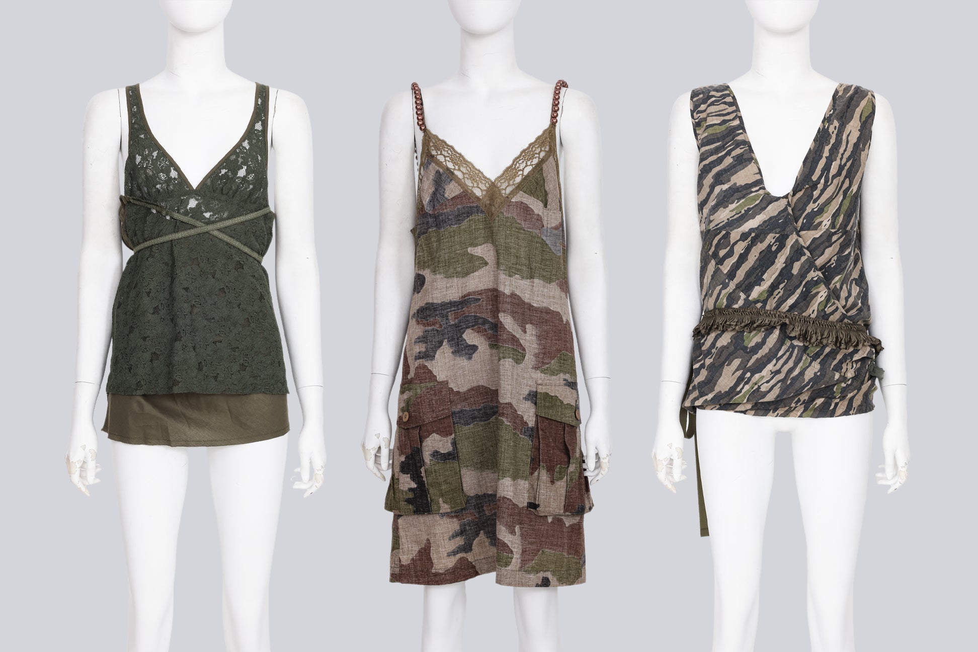 JUNYA WATANABE COMME DES GARCONS - A GROUP OF THREE OLIVE AND CAMO PRINT CAMISOLES