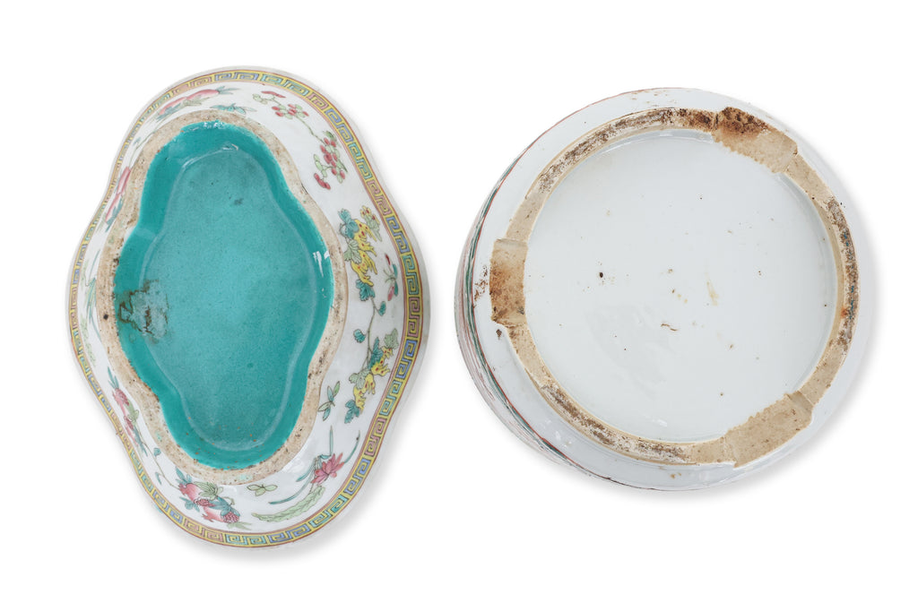 A FAMILLE ROSE 'DRAGON' JOSS STICK HOLDER AND A 'SAN DUO' FOOTED DISH