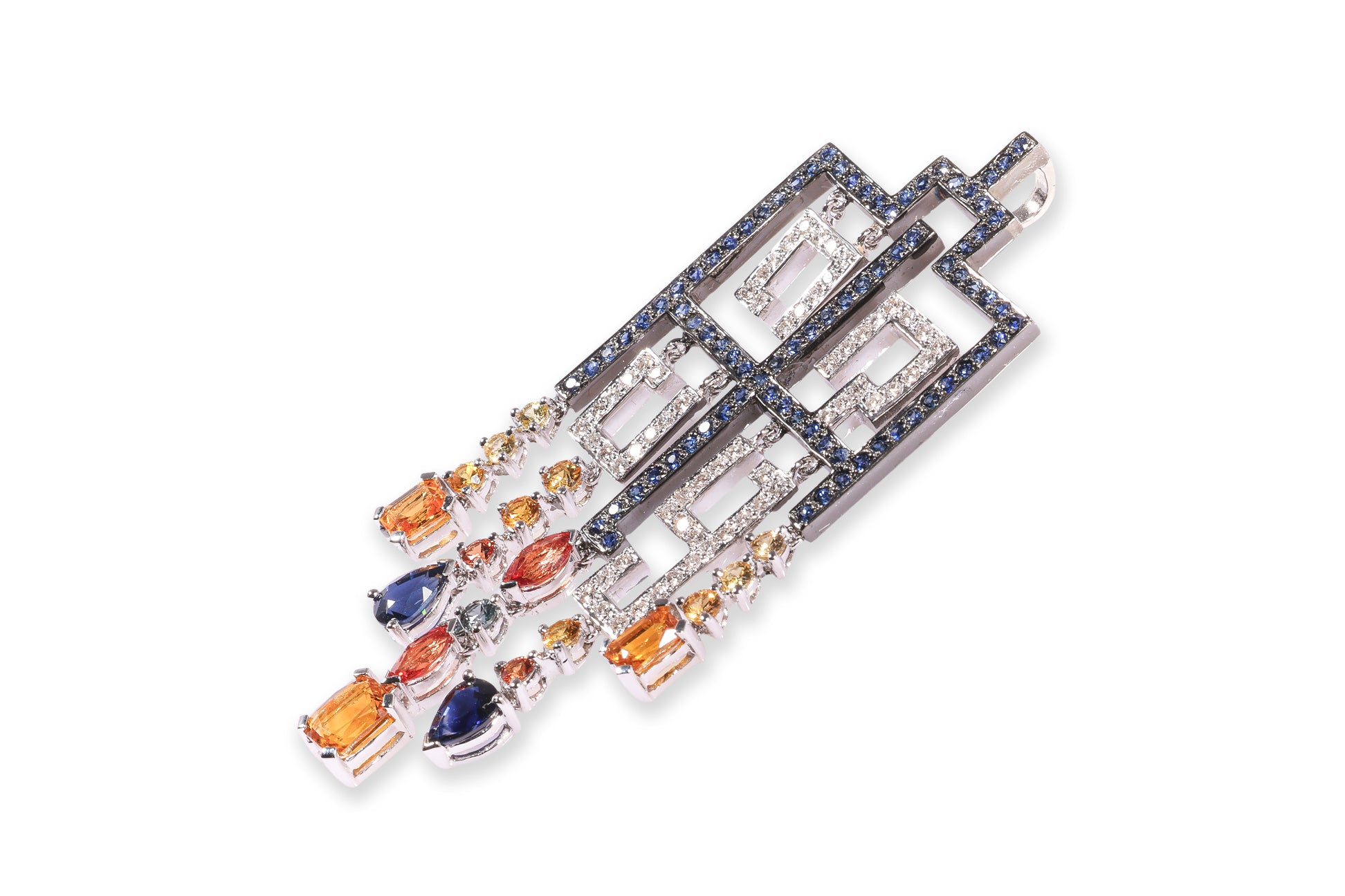 A GEOMETRIC MULTI-COLOUR SAPPHIRE AND DIAMOND PENDANT