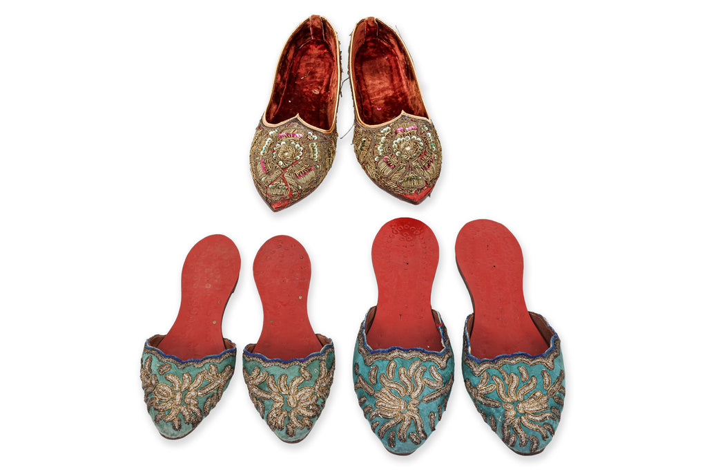 THREE PAIRS OF GOLDWORK EMBROIDERED SLIPPERS