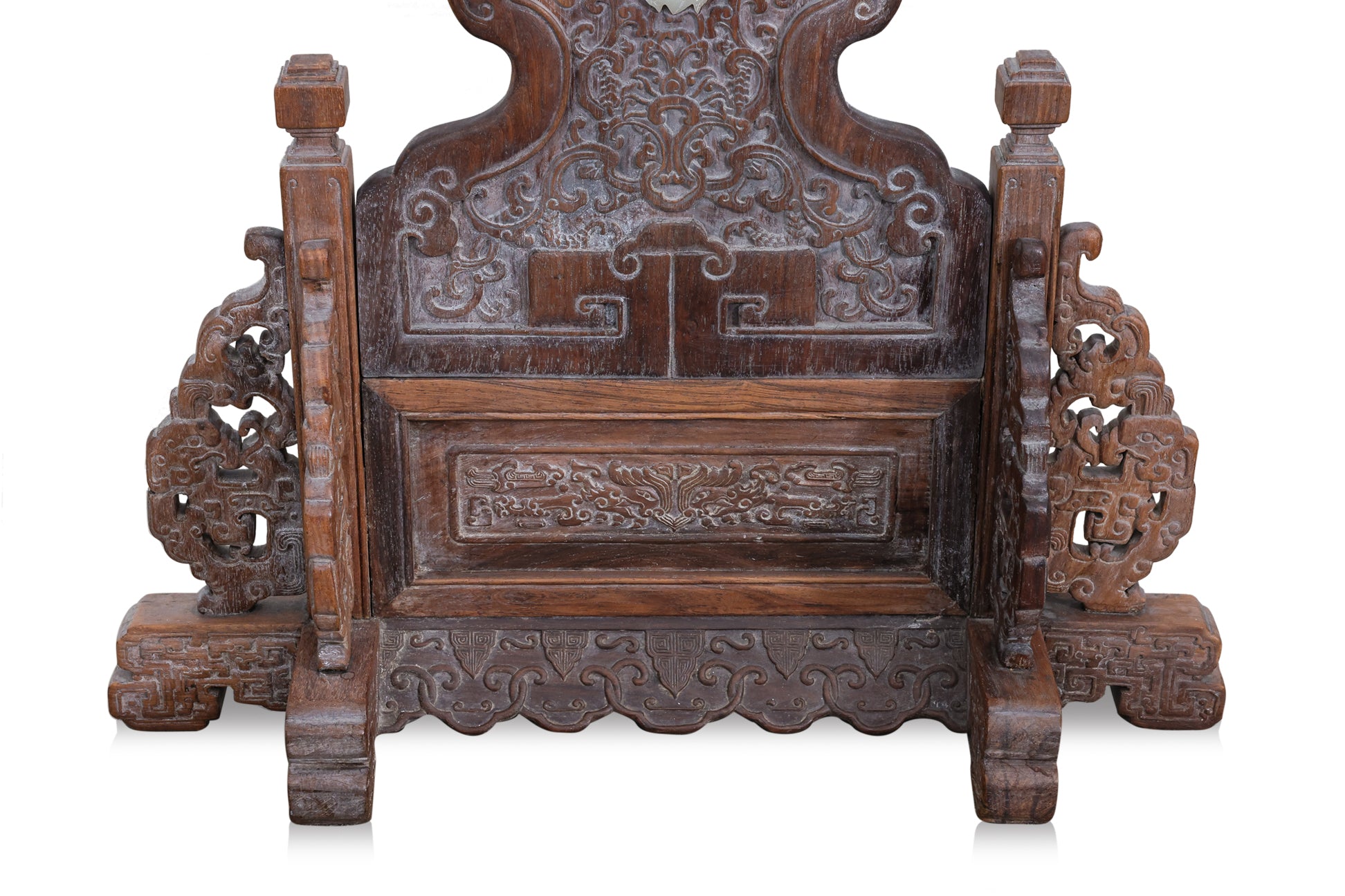 A JADE INSET CARVED HARDWOOD TABLE SCREEN